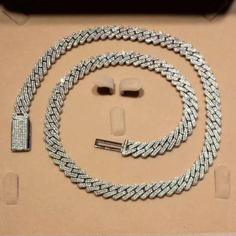 

Pass Diamond Tester Iced Out Prong Setting VVS Moissanite Diamond Necklace 10mm Width 925 Silver Cuban link chain