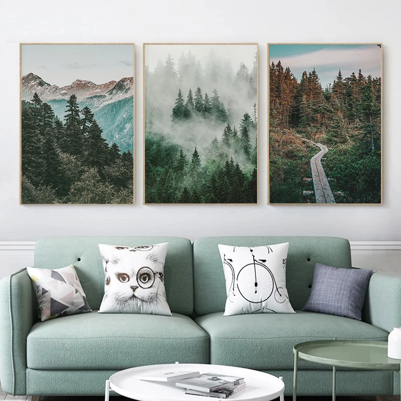 Foggy Pine Tree Forest and Mountains Landscape Posters Prints Canvas Painting Wall Art Photography Pictures for Room Home Decor