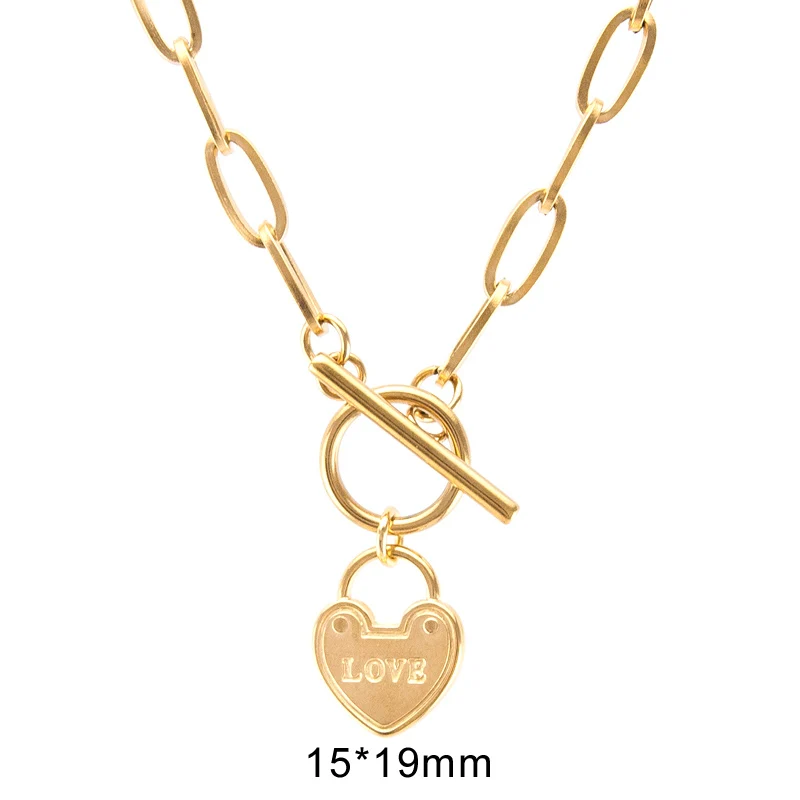 Stainless Steel Heart Lock Key Toggle pendant Women Girl Necklace Cable chain Boho Collier gift good quality