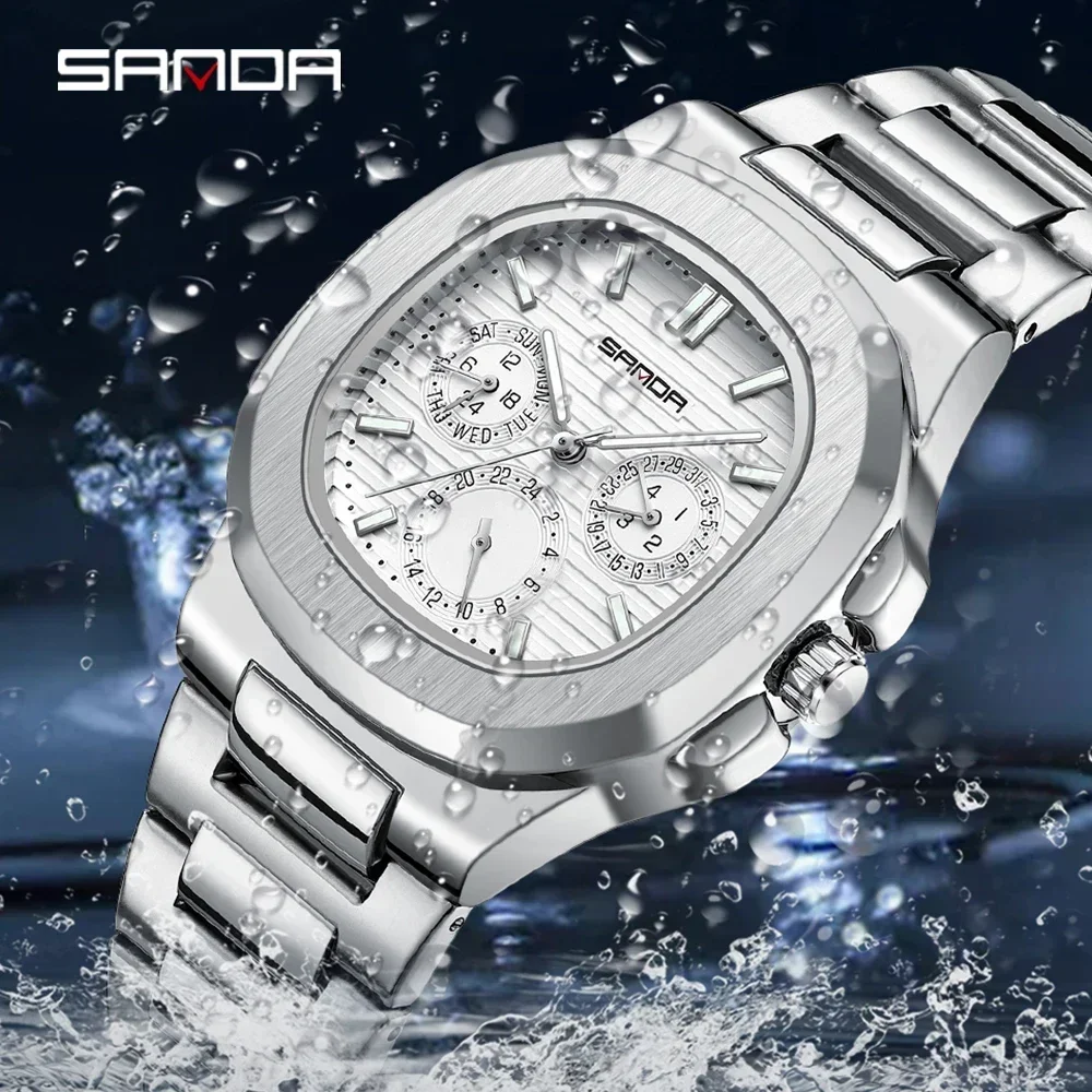 Sanda 7053 moda de luxo negócios à prova dwaterproof água relógio masculino luminoso data completa aço inoxidável quadrado quartzo relógio masculino reloj hombre
