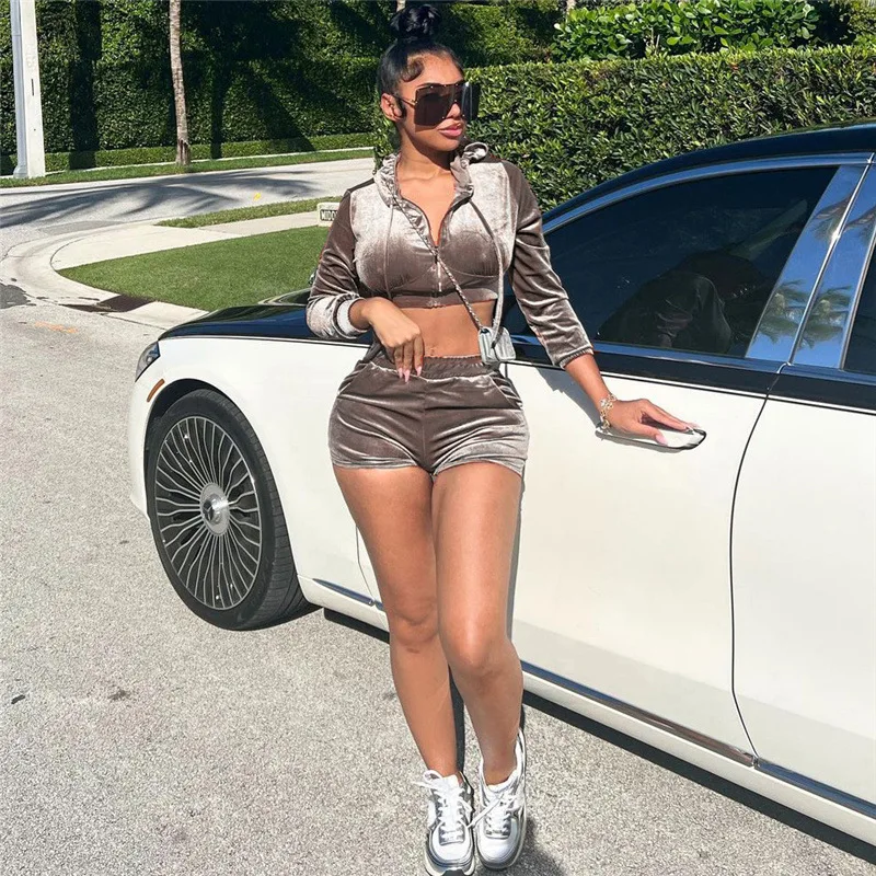 

2023 Casual Women Biker Two Piece Set Hooded Coat + Short Pants Matching Tracksuit Clothes For Women Outfit