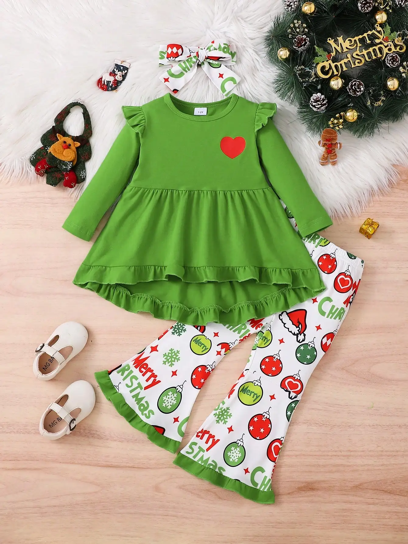 

Toddler Girls Christmas Outfits, Long Sleeve Tops Full Print Bell Bottoms Girls Christmas Pants Set 1-6T
