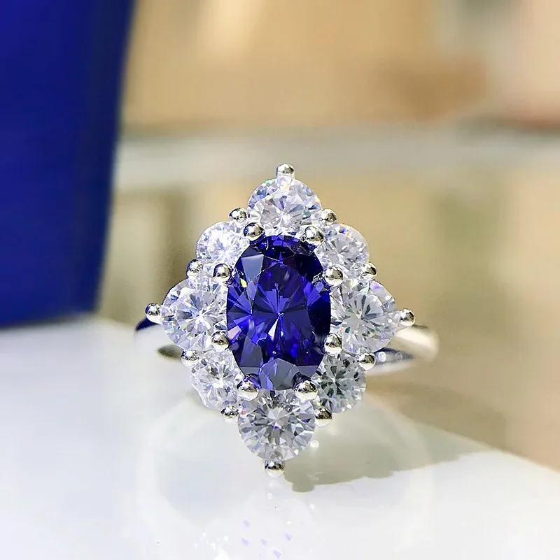 2025 New Fashionable Crystal Ring Light Luxury Personality Egg-shaped Royal Blue Zircon   Surround Set Women's