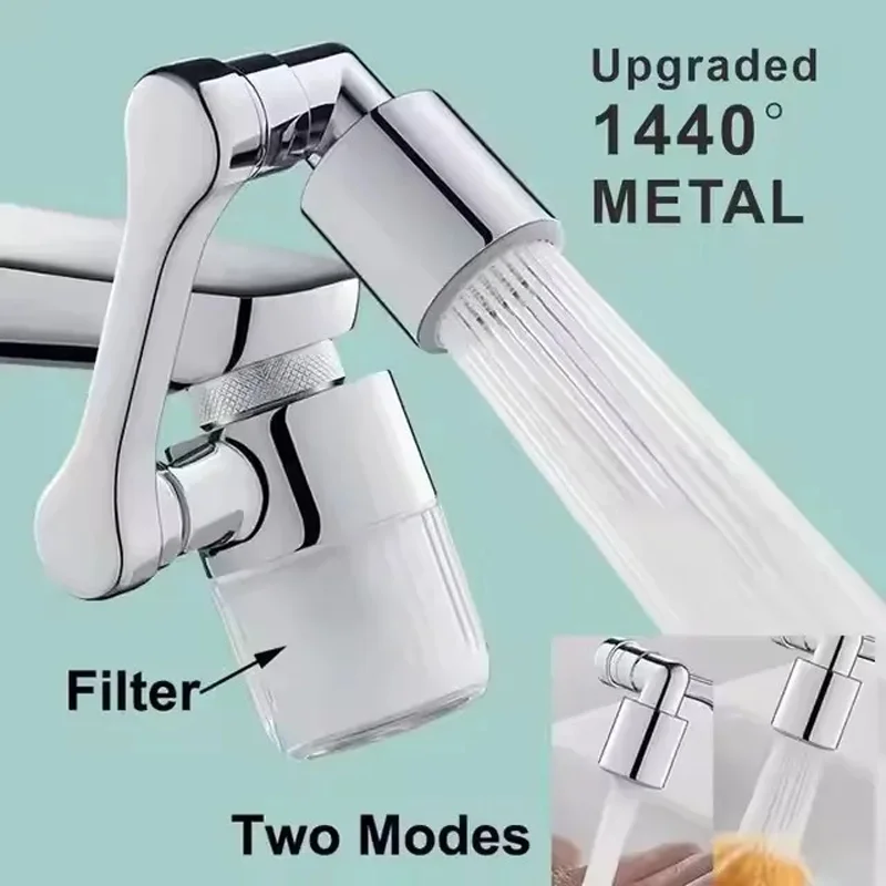 Metal 1440° Rotate Kitchen Faucet Extender Set with Filter 2 Modes Universal Swivel Bubbler Nozzle Filtered Faucet Extension