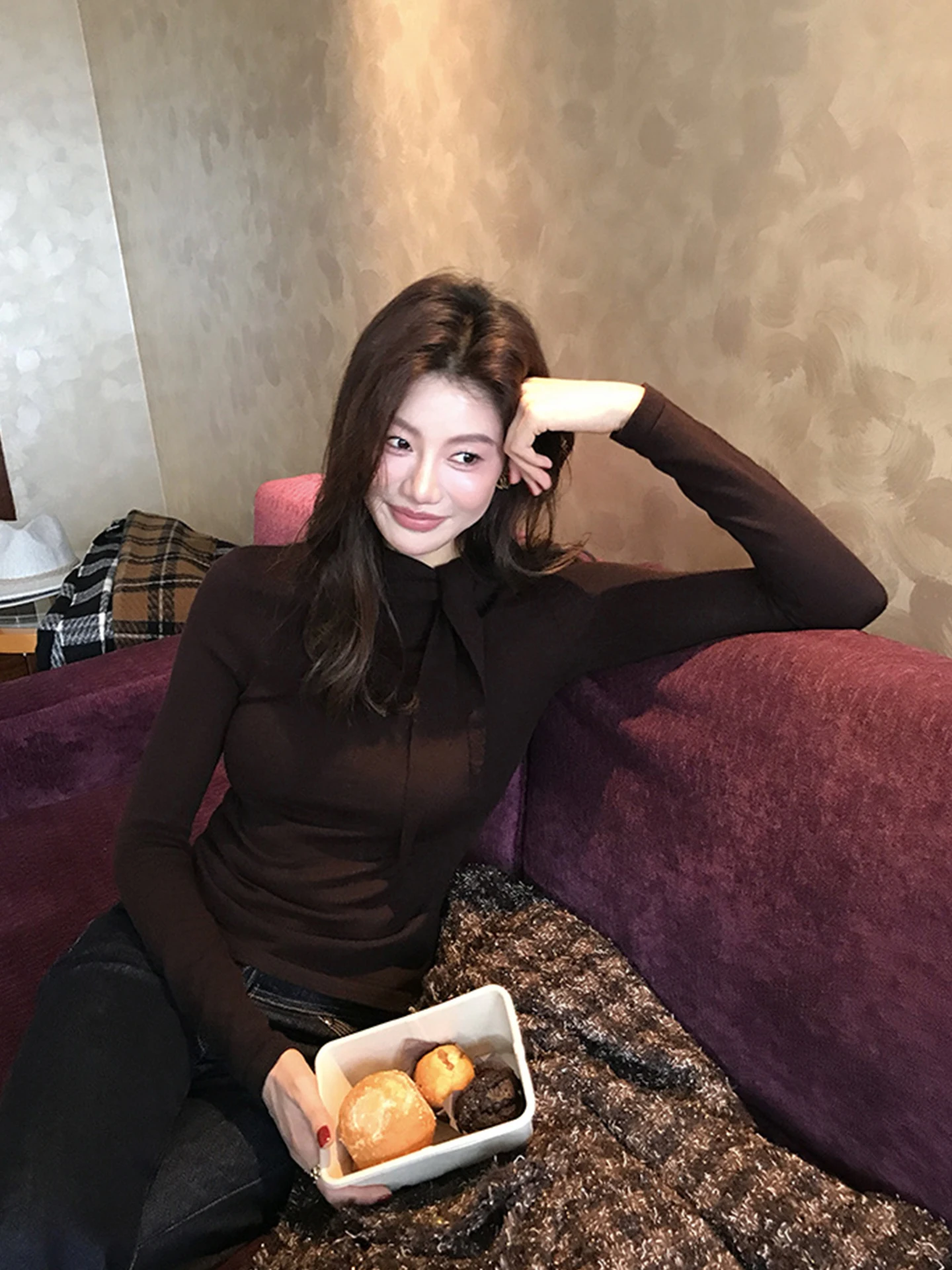 Slimming Long Sve Knitted Base Layer irt Women's Inner Wear  Color Overhead Sle Commute Faion Korean Version