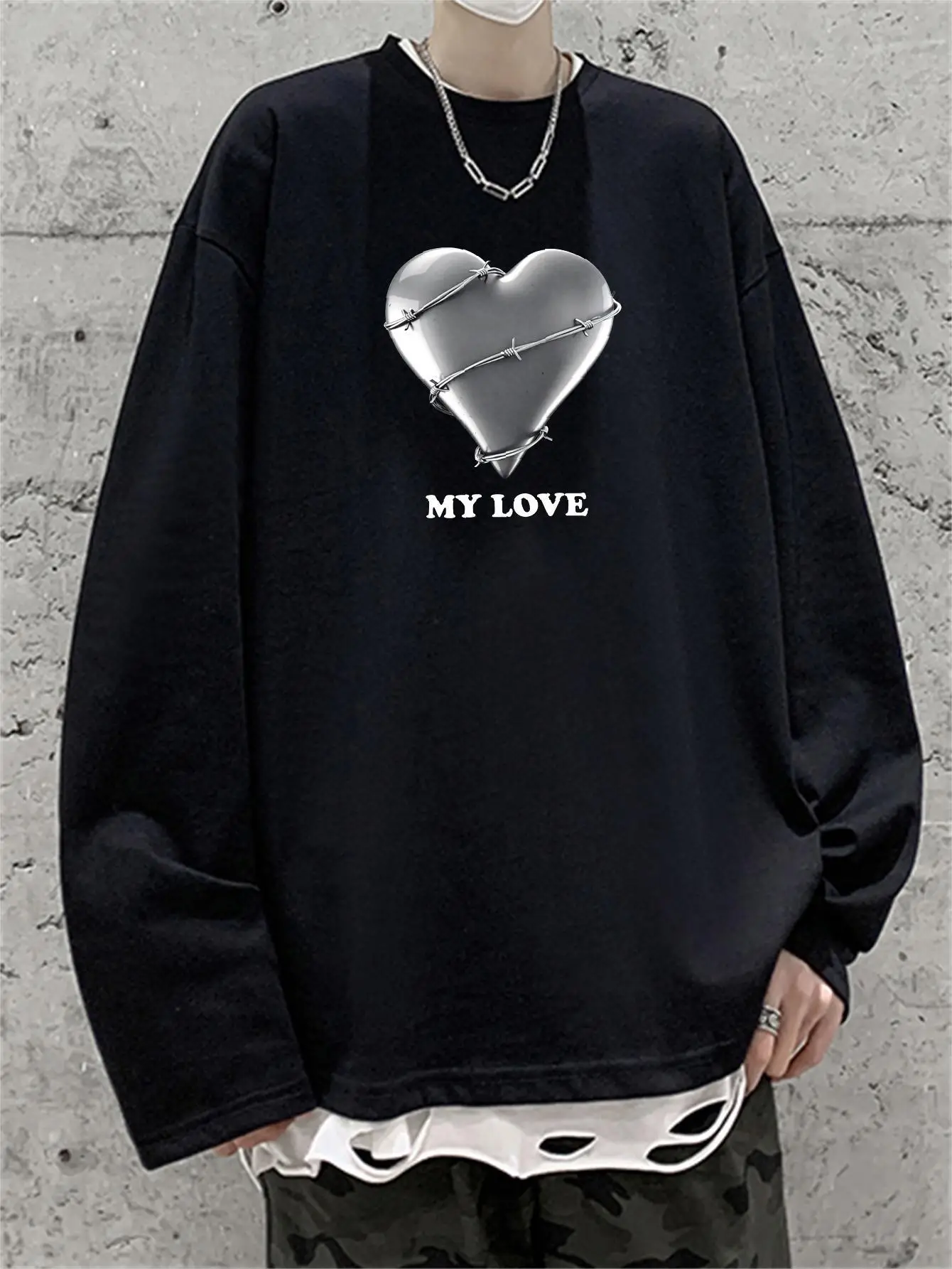 100% Cotton Men T shirt Kpop Harajuku Top Heart Print Tees High Quality Male Streetwear Unisex Y2K Oversize T-shirts Long Sleeve