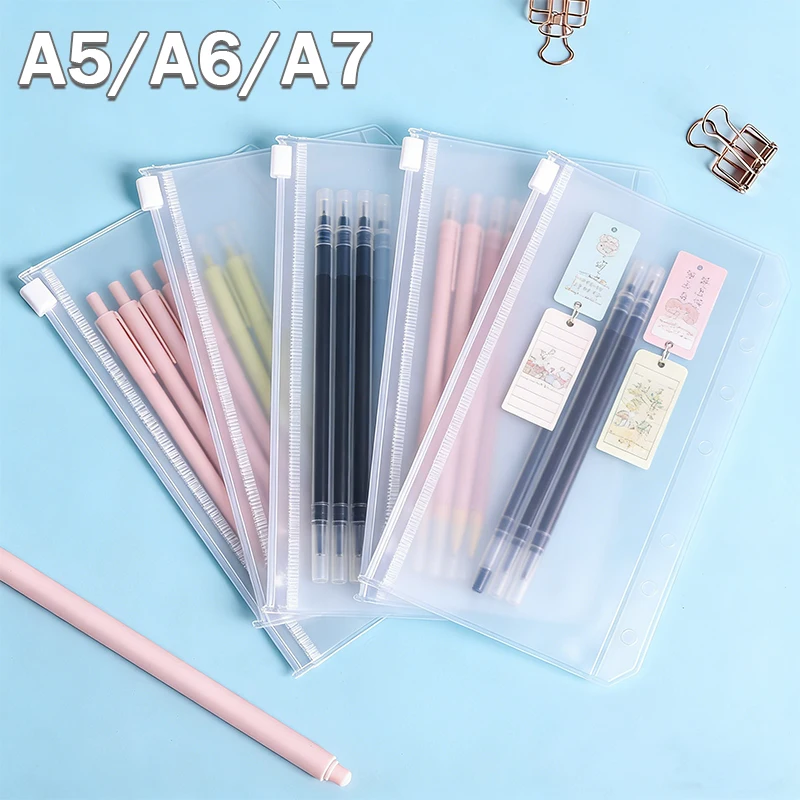 

6-Hole Transparent Zipper Pouch for A5/A6/A7 Ring Binder Waterproof Loose Leaf Storage Bag for Bills Stickers Journal Supplies
