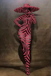 New Black and White Striped Zebra Big Eaves Hat jumpsuit Halloween Bar for Women's Song DjDs Dance Team Gogo Performance Dress