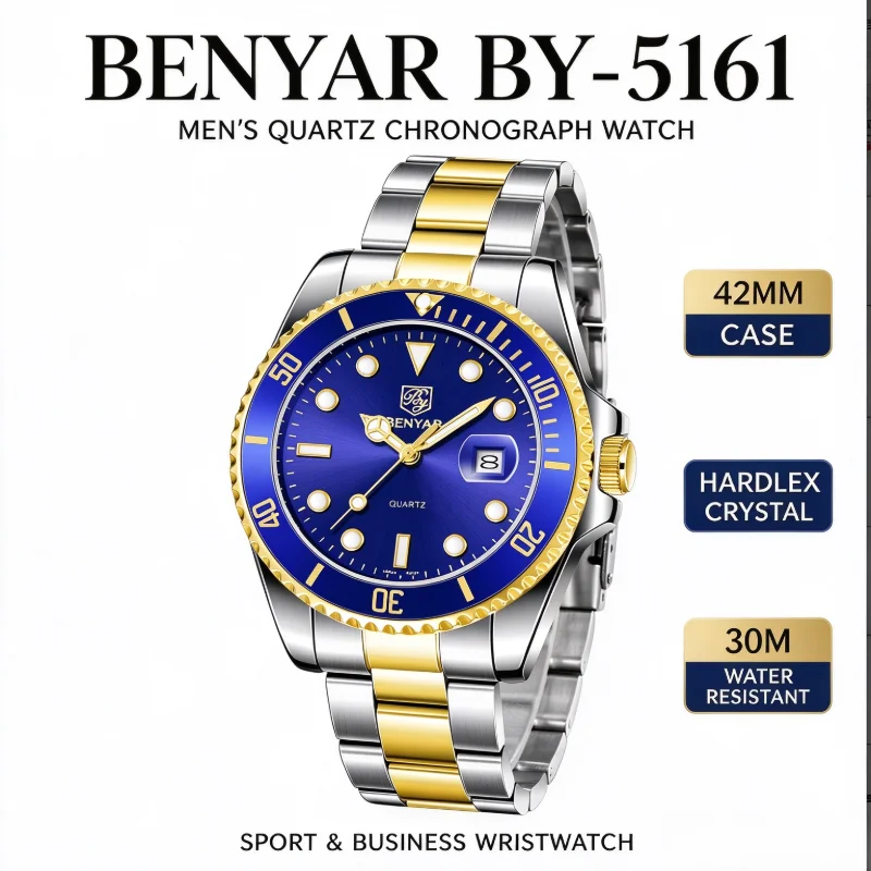 BENYAR BY-5161 Men's Chronograph Quartz Wristwatch, Moon Phase, 42mm Hardlex Crystal, Genuine Leather Strap, 30M Water Resistant