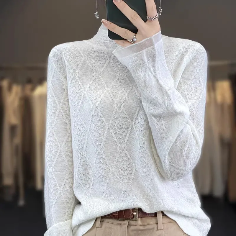 高級刺繍レース中空ダイヤモンドニットウールセーター女性の秋冬ロングスベベースレイヤーfハイカラー
