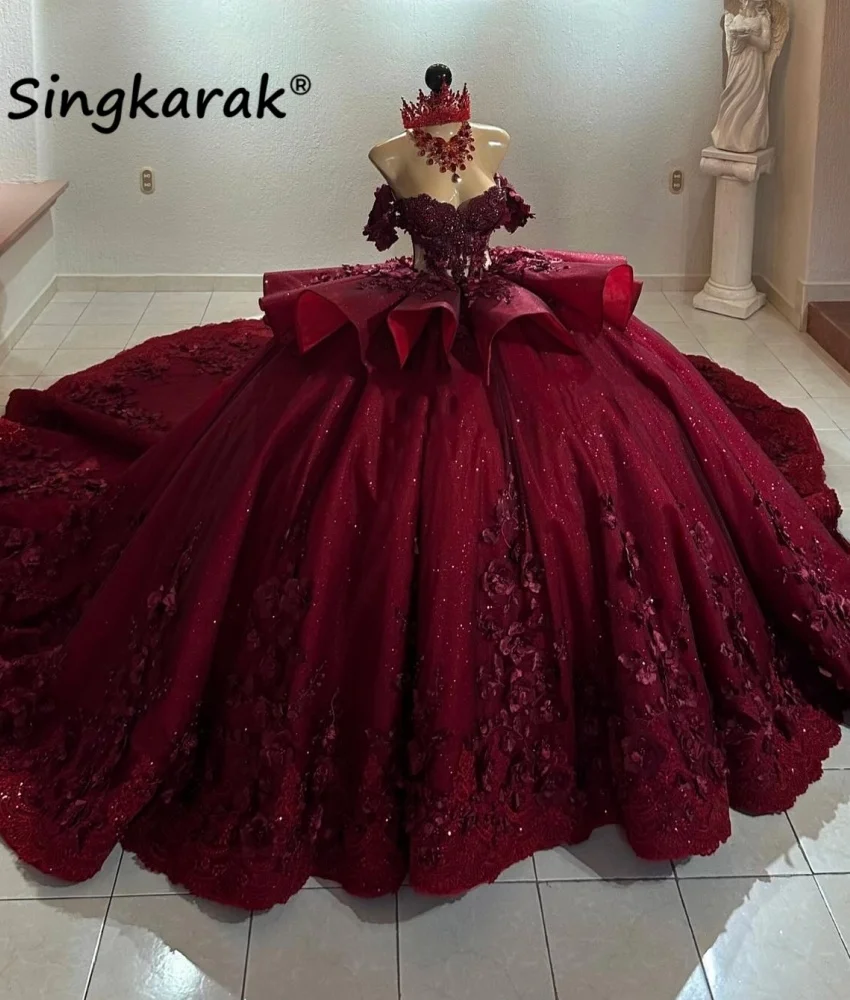 Real Photo Luxury Wine Red Ball Gown Quinceanera Dres Bead Crystals Gems 3D Floral Appliques Vestido De 15 Anos  Customized 