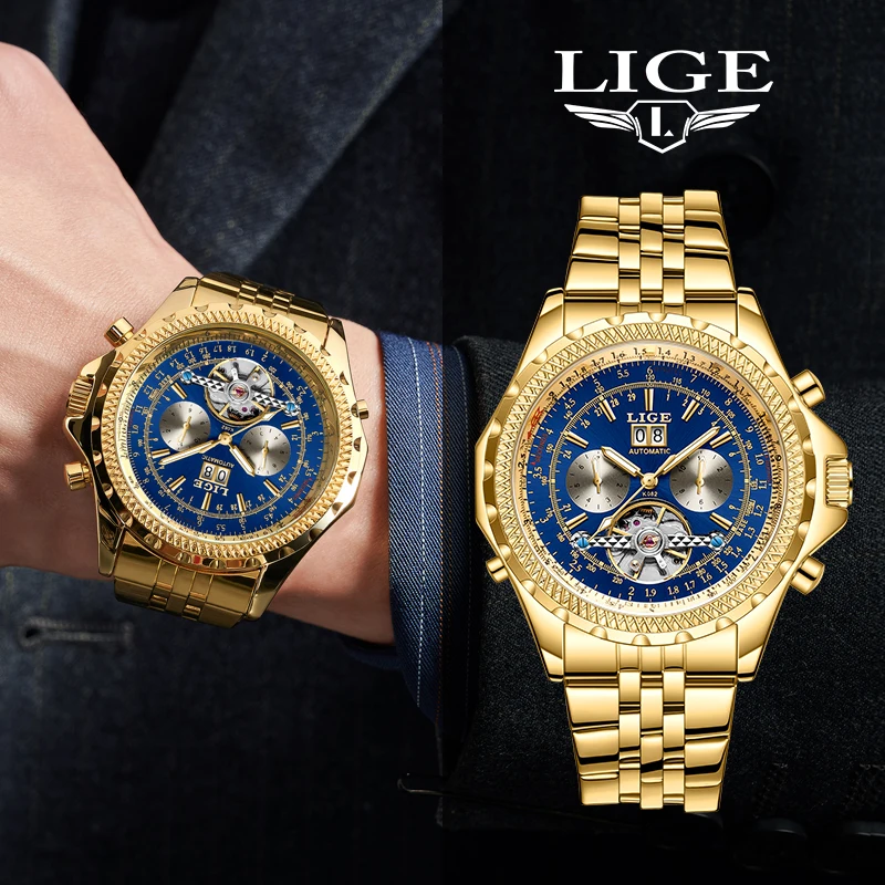 LIGE Stainless Steel Tourbillon Watches Top Brand Watch for Men Luxury Automatic Mechanical Watch Waterproof Date Men Wristwatch