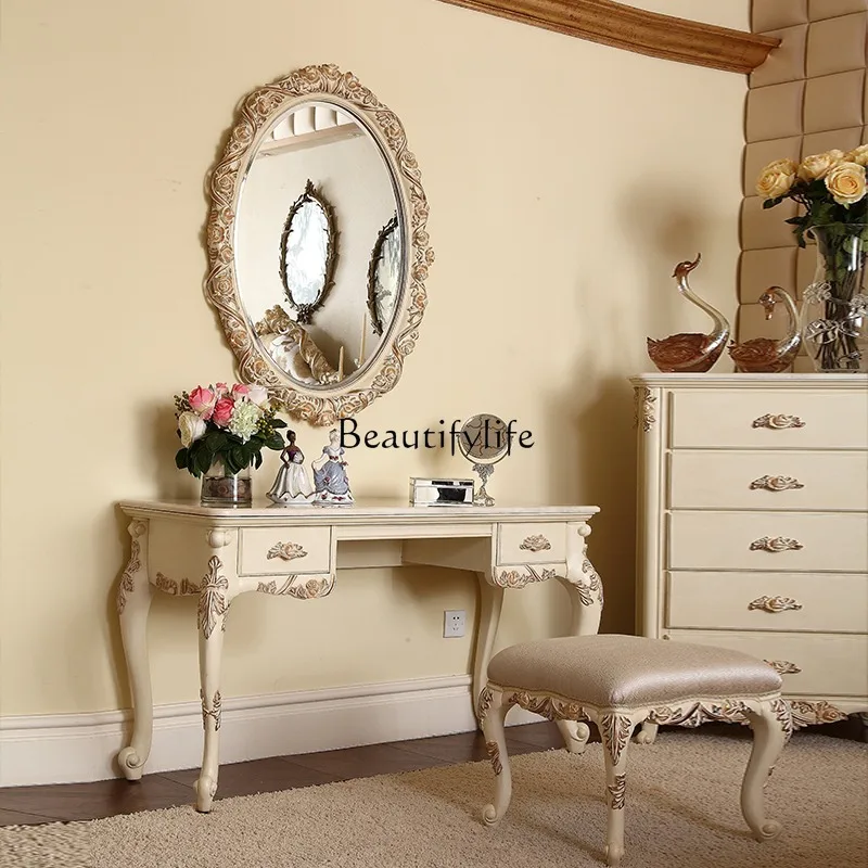 

American dresser retro high-end European solid wood carving flower makeup mirror combination