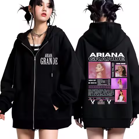 Singer Ariana Grande Tour Fashion Print Zipper Hoodie Men Women Harajuku Streetwear Long-sleeved Casual Thick Zip Up Sportswear