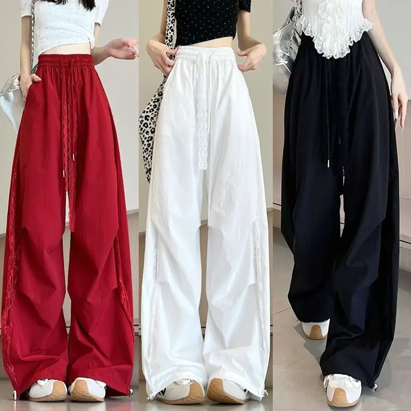 Lace Paratrooper Pants Women's Summer 2026 new Hollow Overalls Loose Wide-leg pants Side Zipper Quick-Drying Breathable Moisture