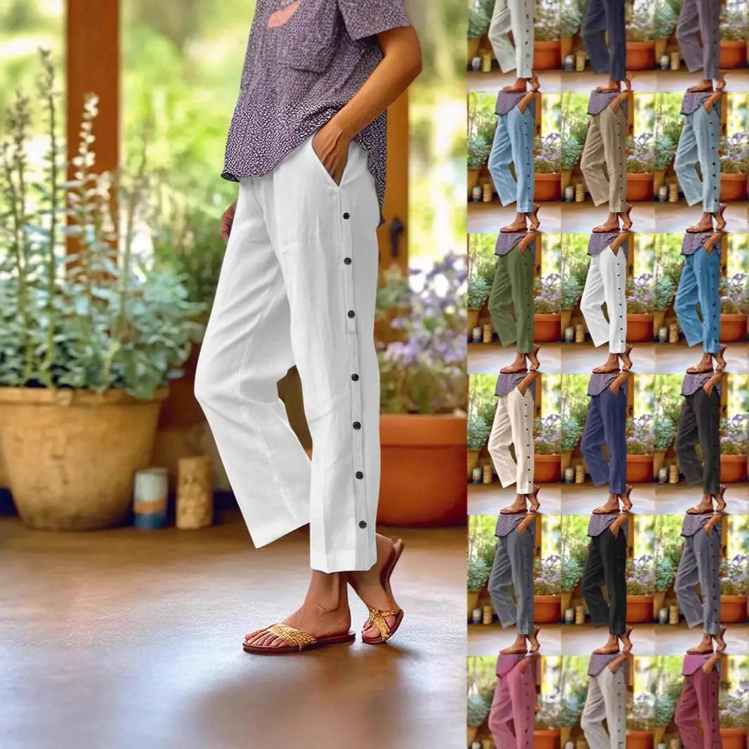 

Свободные хлопковые и льняные повседневные брюки с высокой талией и декоративными пуговицами, дышащие мужские осенние длинные свечи с девятью точками