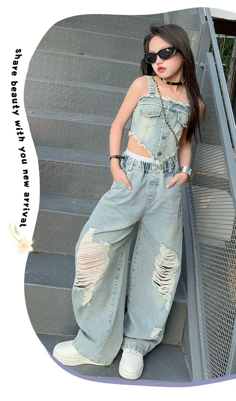 Summer 2025 Halter Vest Ripped Wide-Leg Pants Two-Piece Set Kids Casual Harbor Flavor Simple Style