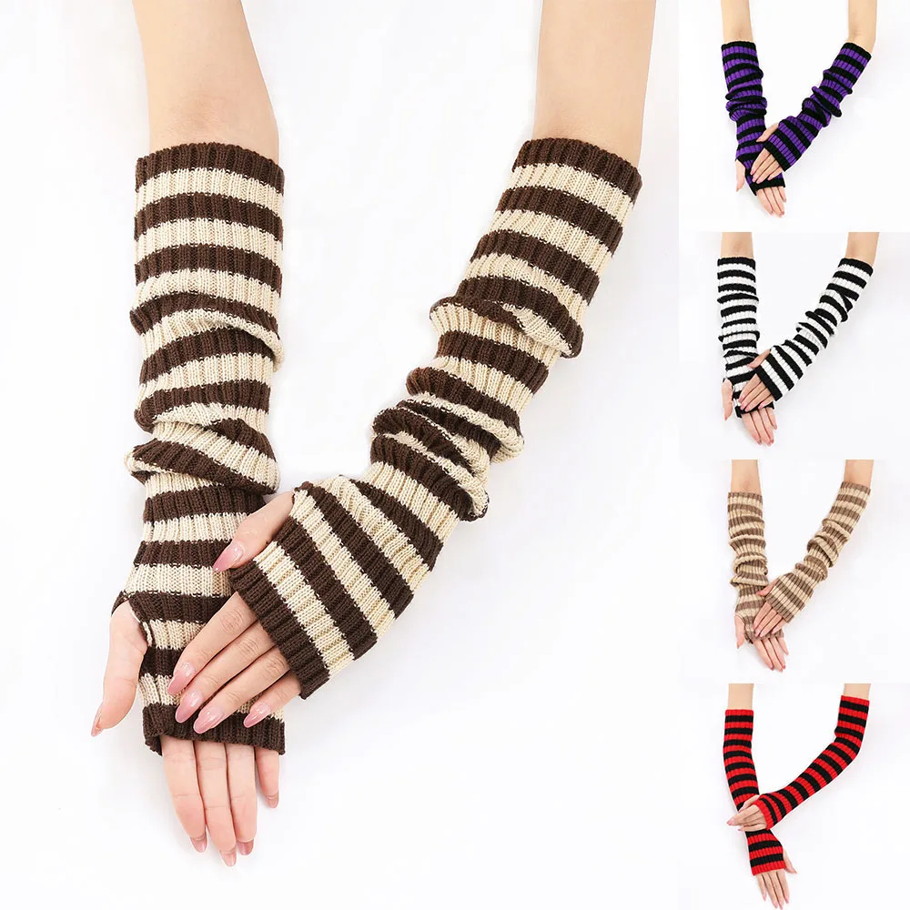 Y2K Autumn Winter Knitted Arm Warm Gloves Goth Arm Warmers Half Finger Long Wrist Gloves False Sleeves Stripe Elbow Gloves