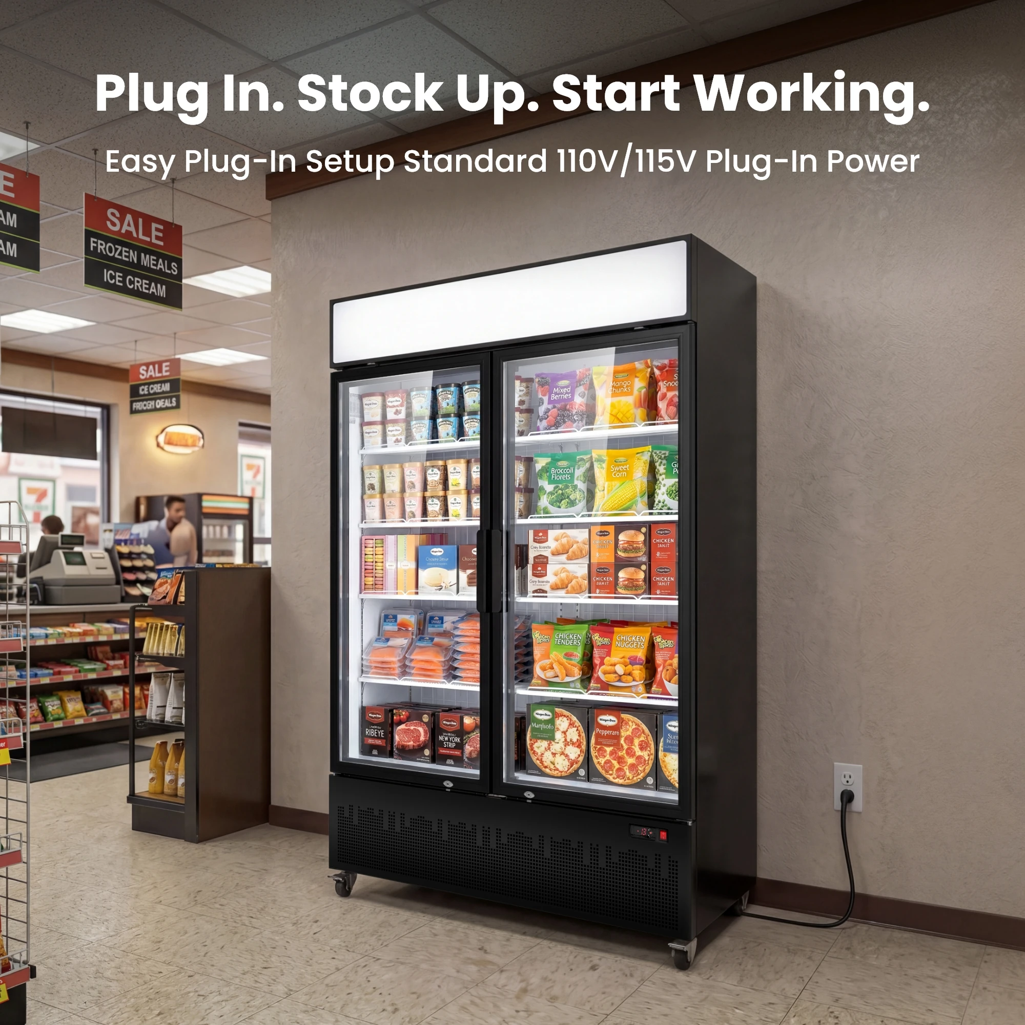 Yeego Display Freezer With Lightbox 41.8 Cu.ft 1186L Stand-alone Commercial Self-closing Door Freezer For Storing Ice Cream/Cake/Meat/Seafood Etc