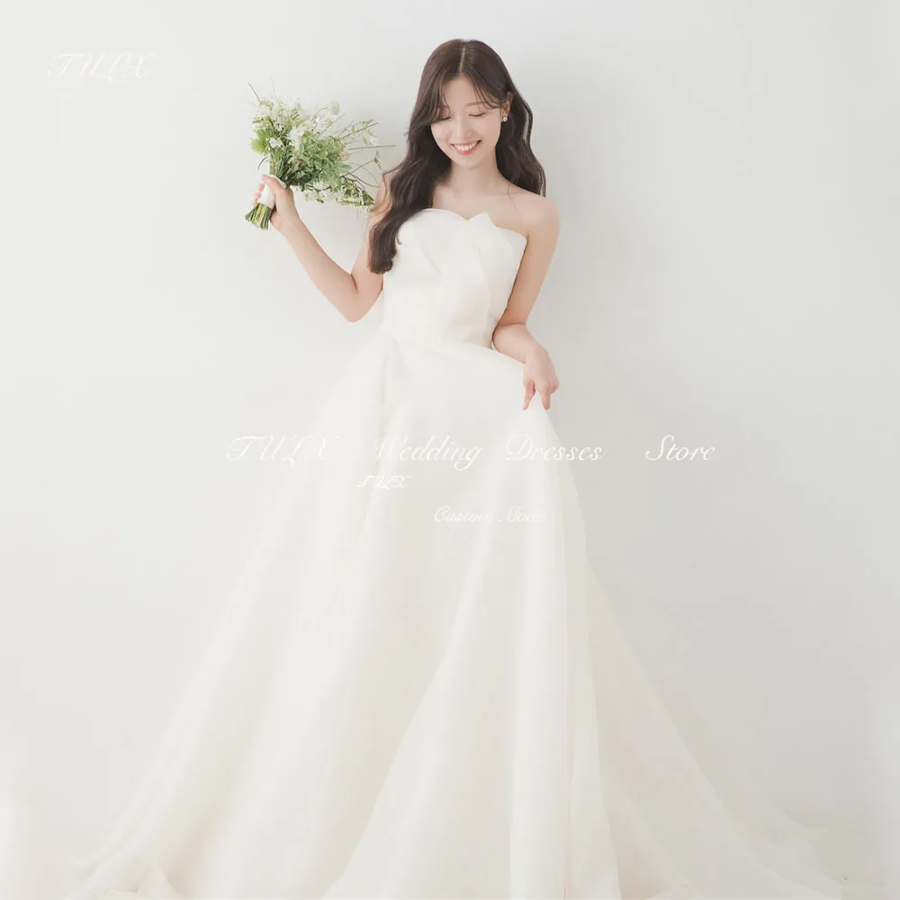 

TULX Simple Ivory Strapless Organza Korea Wedding Photo Shoot Dress Corset A-line Floor Length Bridal Gowns Custom Made 웨딩드레스