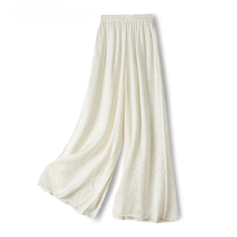 Women's Casual Exquisite Jacquard Pattern 100% Natural Mulberry Silk HuaLuo Elastic Waist White Solid Versatile Wide Leg Pants