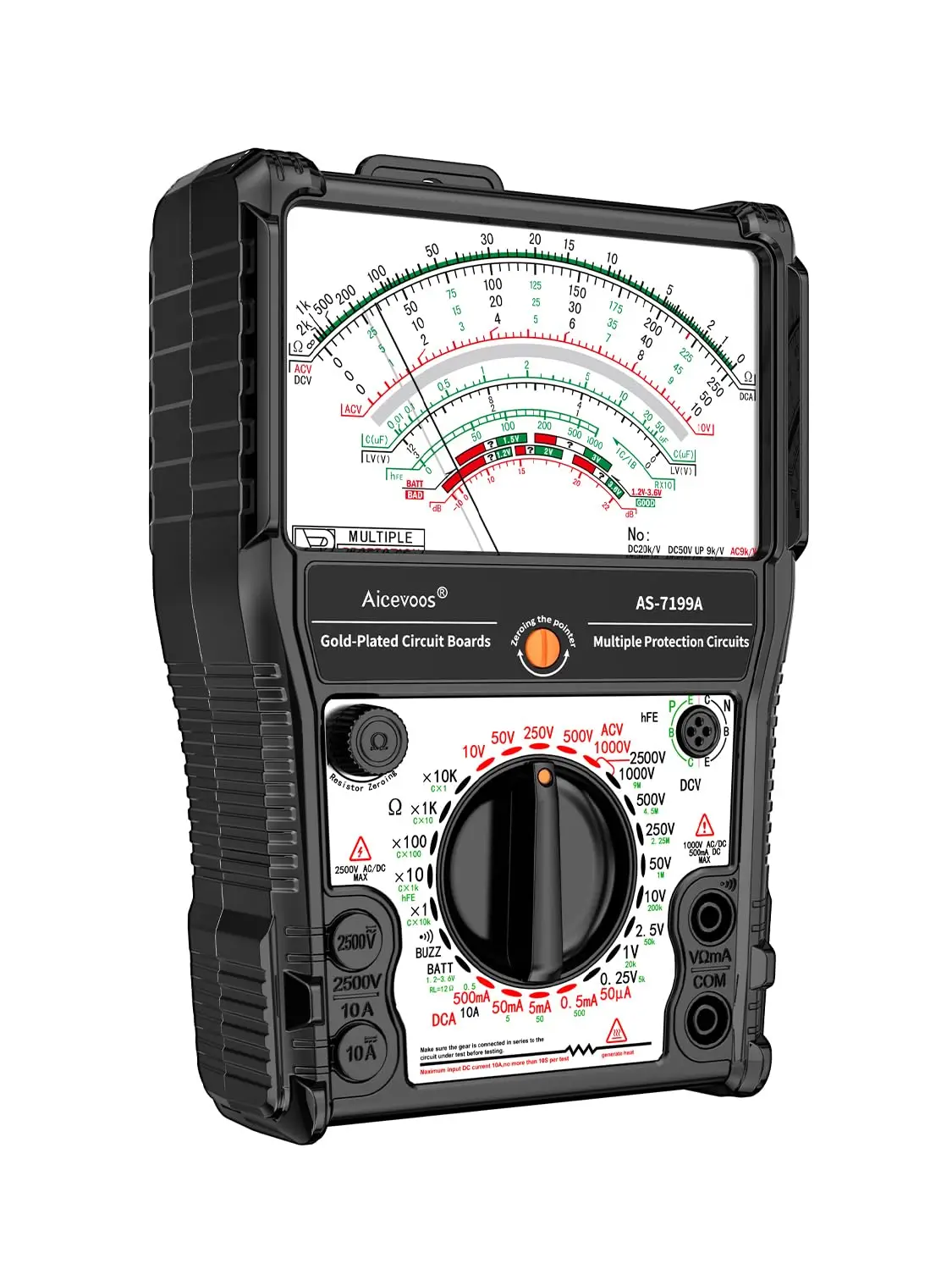 Multímetro Analógico AS-7199A, 11 Funções, 24 Alcance, AC/DC Volt 2500V, Corrente DC 10A, Rx 100K
