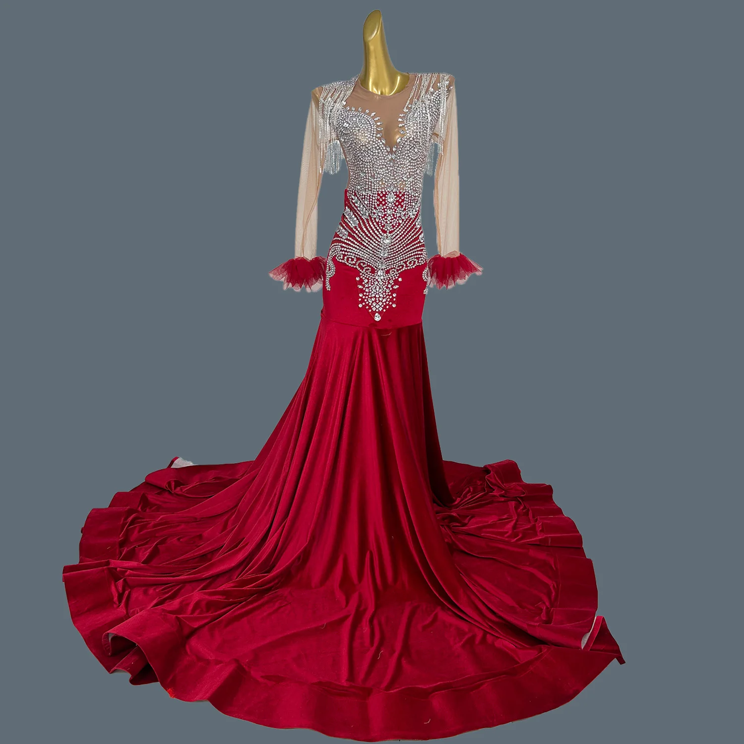 

High-end Floor-length Dress Sparkly Rhinestone Tassel Mesh Velvet Evening Gown Birthday Celebrate Party Dinners Ball Dress Defu