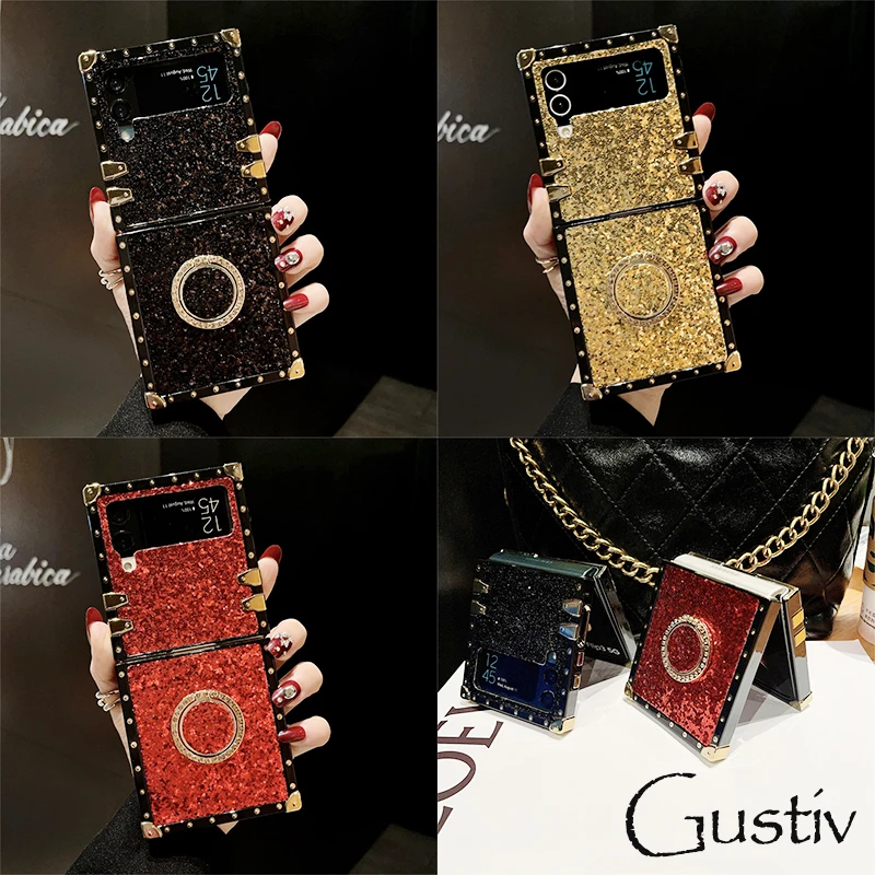 

For Samsung Galaxy Z Flip 4 case Folding Anti-Slip Glitter Back Cover for Phone Cover galaxy z flip 3 5g case With Ring Kickstan