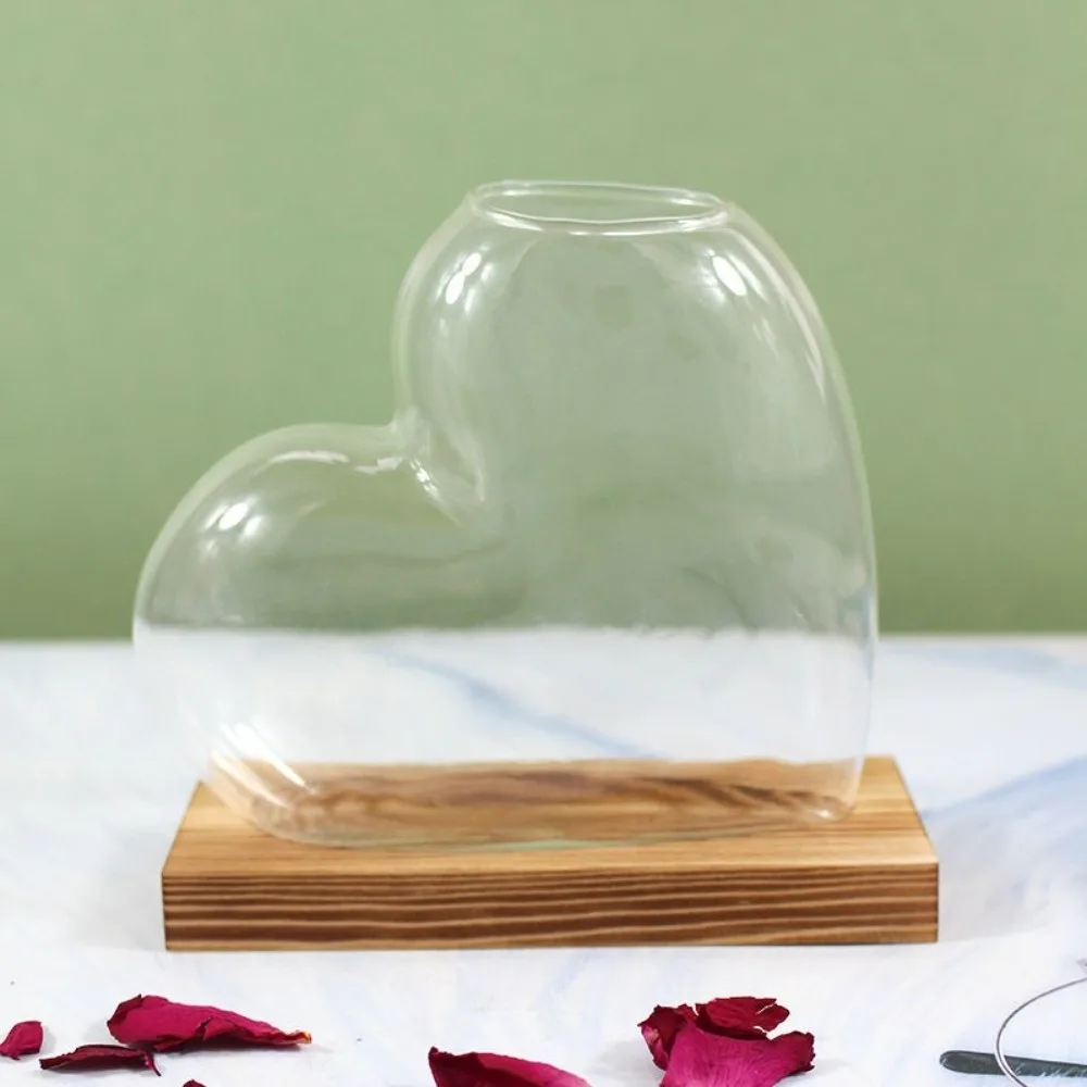 

Vase Rack Transparent Hydroponic Glass Vase Decorative Minimalist Love Shaped Vase Wooden Stand Mini Terrarium Flower Plants
