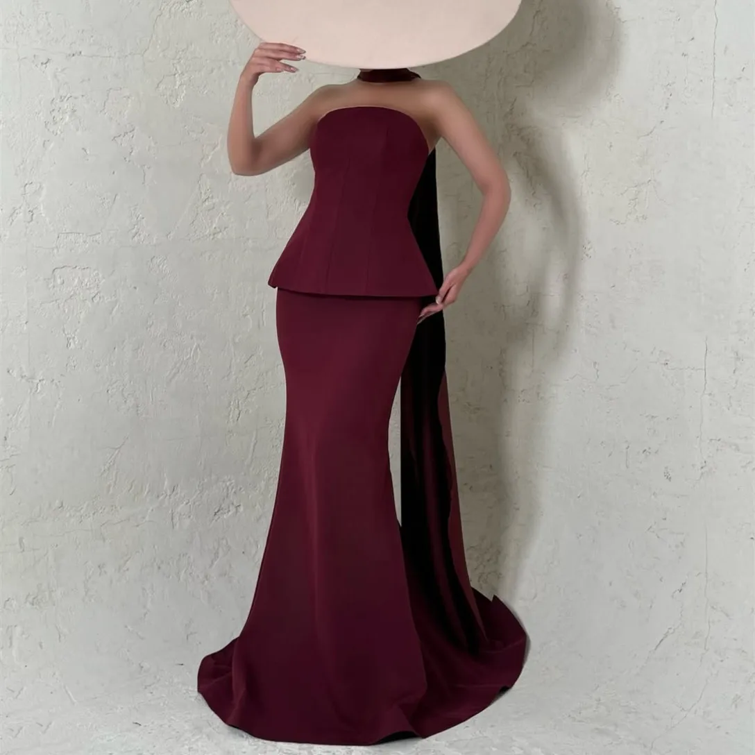 

Длинные бордовые вечерние платья по индивидуальному заказу с лентой Русалка без бретелек из крепа فساتين سهرة Платье для выпускного вечера для женщин