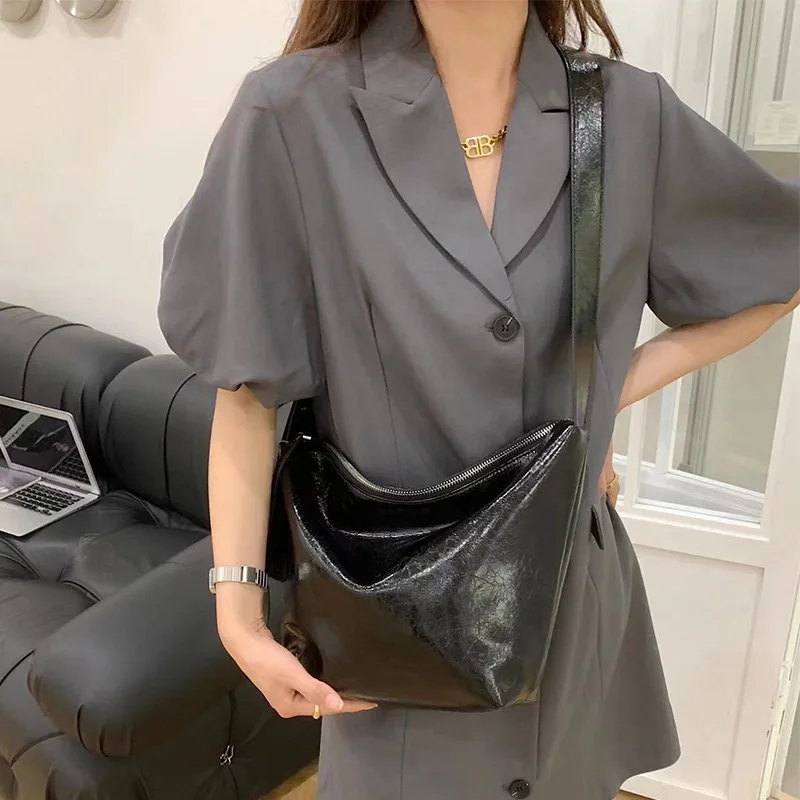 FIRMRANCH Lazy Style High Quality Texture Large Capacity Wrinkled Oil Wax Cowhide Women's One Shoulder Tote Straddle Bag Pouch