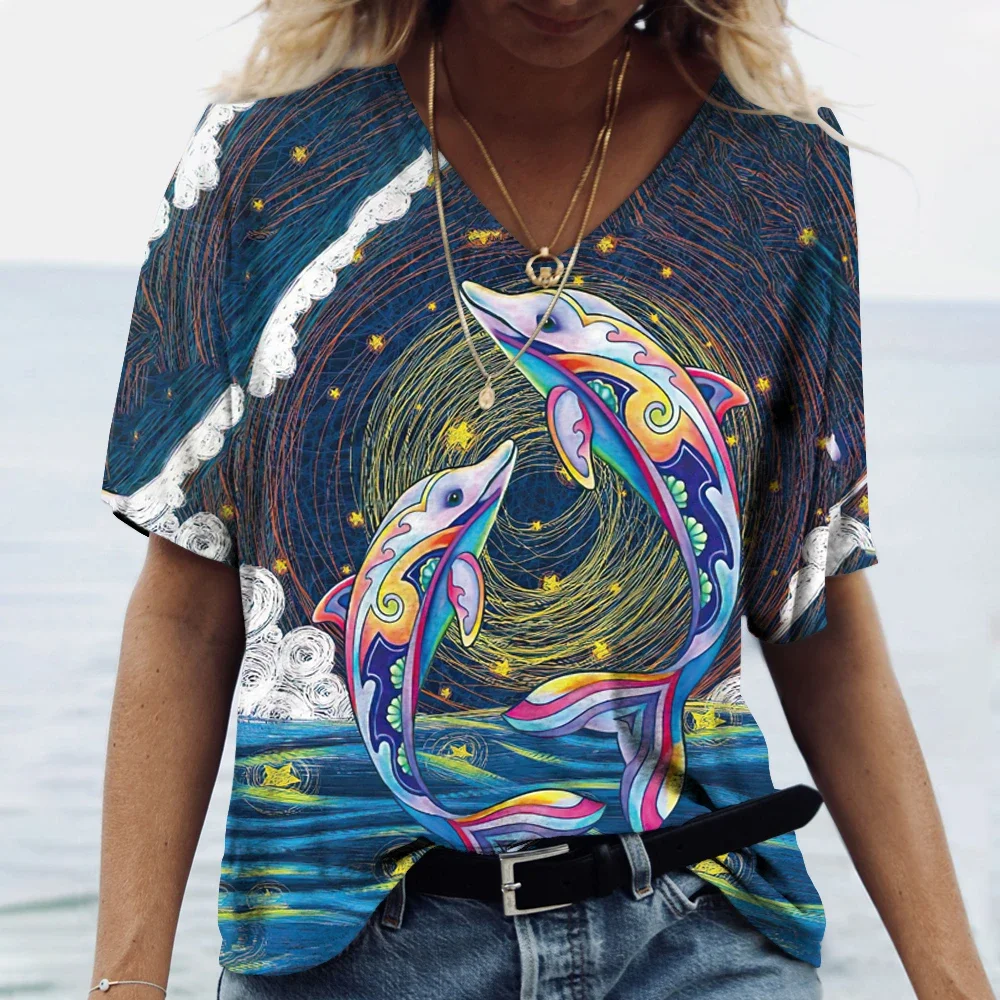 2024 Women's T-shirt Top V-neck 3D Printed Dolphin Fashion Women's Retro clothing Aesthetic T-shirt Loose oversized fun T-shirt