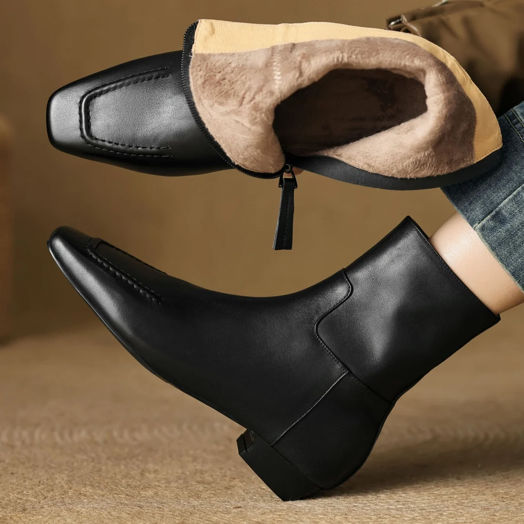

Plus size 33-42 women's cow leather square toe side zip autumn ankle boots high quality soft comfortable casual short booties