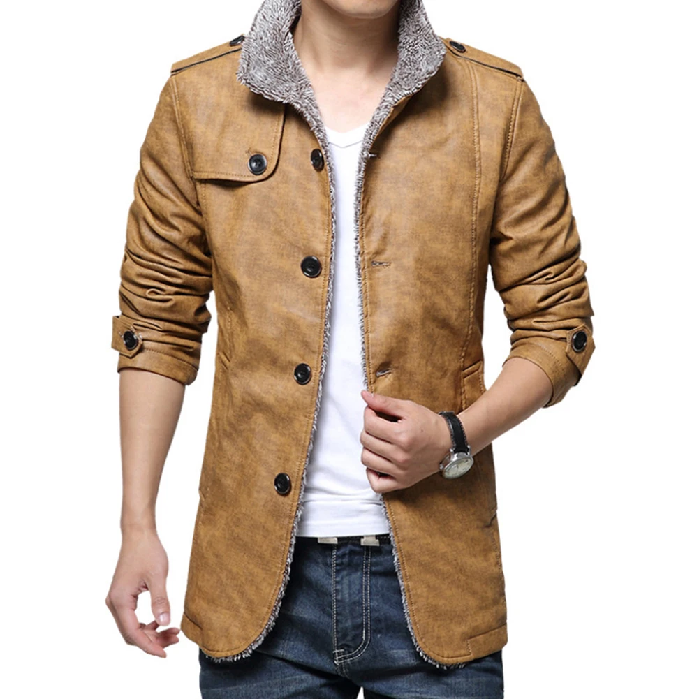 

Men Imitation Leather Jackets Plush Winter Coat Single-breasted Casual Outerwear
