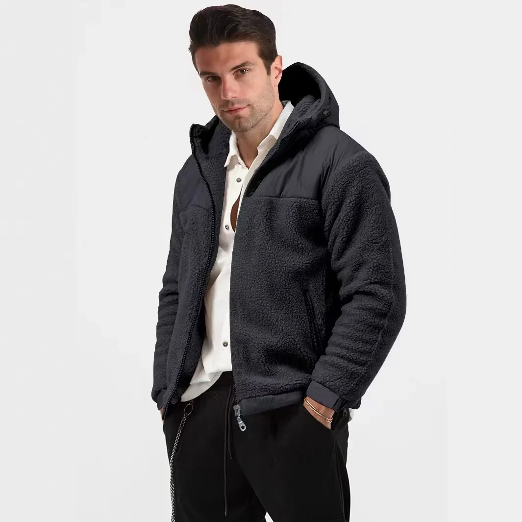 

Новая зимняя толстовка с капюшоном для мужчин, зимняя меховая ягненка, однотонный кардиган на молнии с капюшоном, модные свободные теплые топы, толстовка, уличная одежда