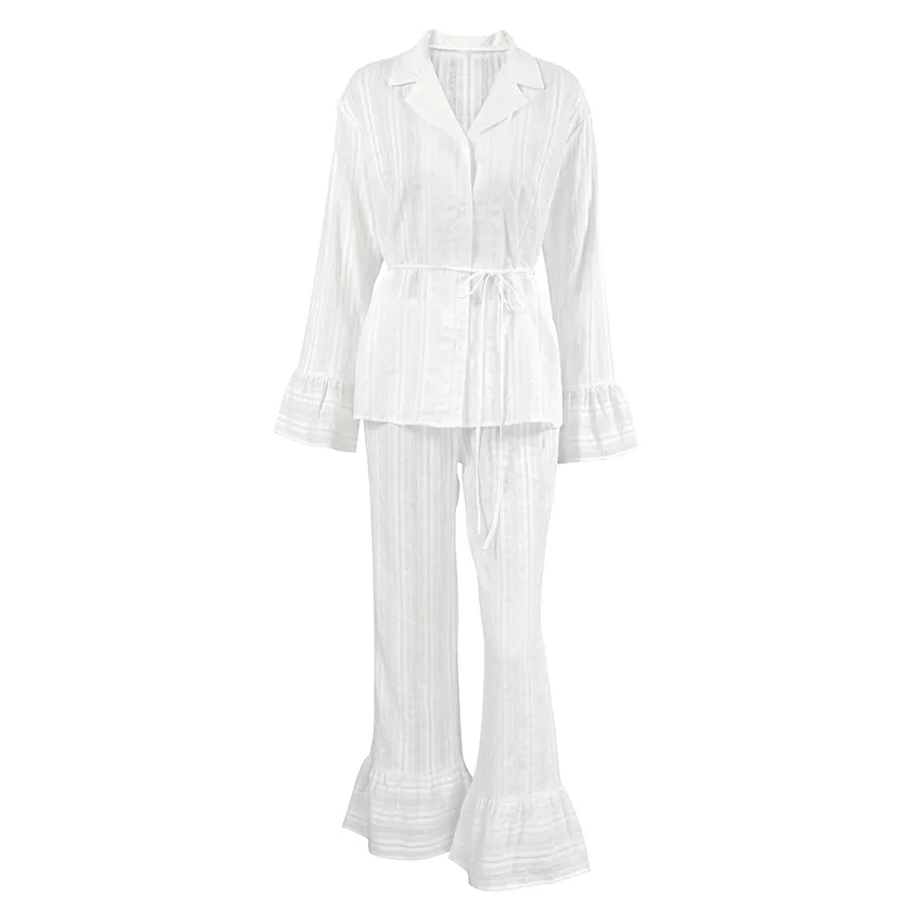 100% Cotton Jacquard Pajamas Loungewear Women's Front Opening Lace Up Trouser Pijamas Suit Loose Casual Sleepwear Homewear