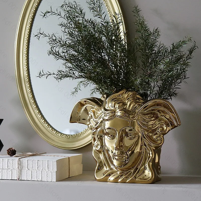 European style light luxury electroplating golden brushed ceramic metal gold vase dining modern table home decoration wedding