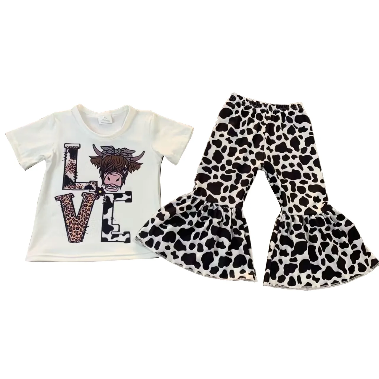 

Boutique Girls Love Western Outfits Short Sleeves Cows Print Bell Bottom Pants Sets