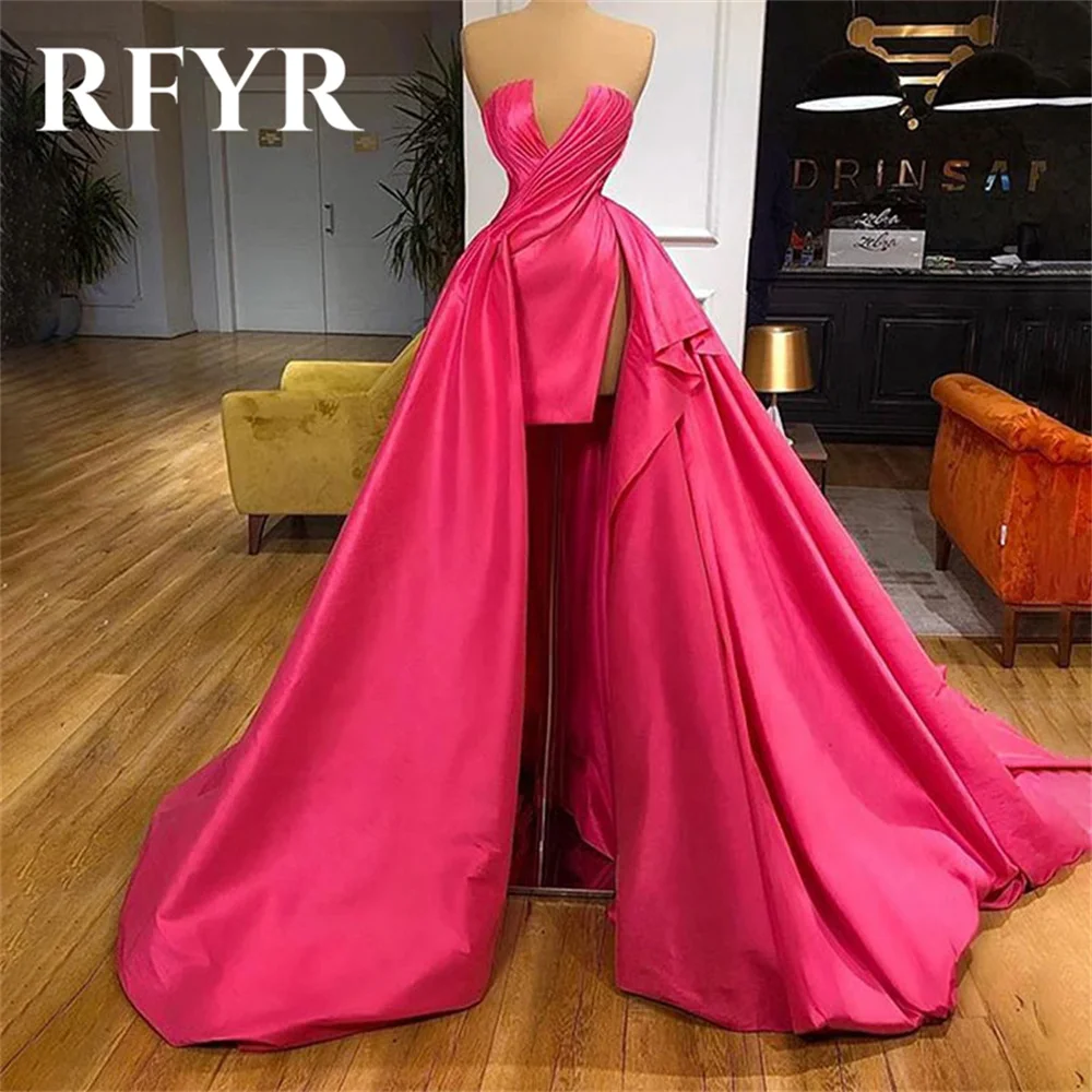 

RFYR Fuchsia Prom Dresses Strapless A-Line Evening Dress Sleeveless Satin Slit Party Dress Floor-length Pleats Vestidos De Noche