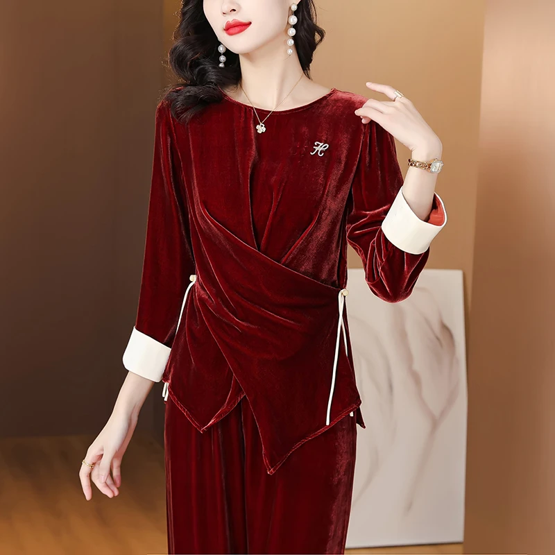 2023 Autumn/Winter New Deep Red Silk Velvet O-Neck Long Sleeve Pants Two Piece Loose Large Slim T-shirt Pants Set