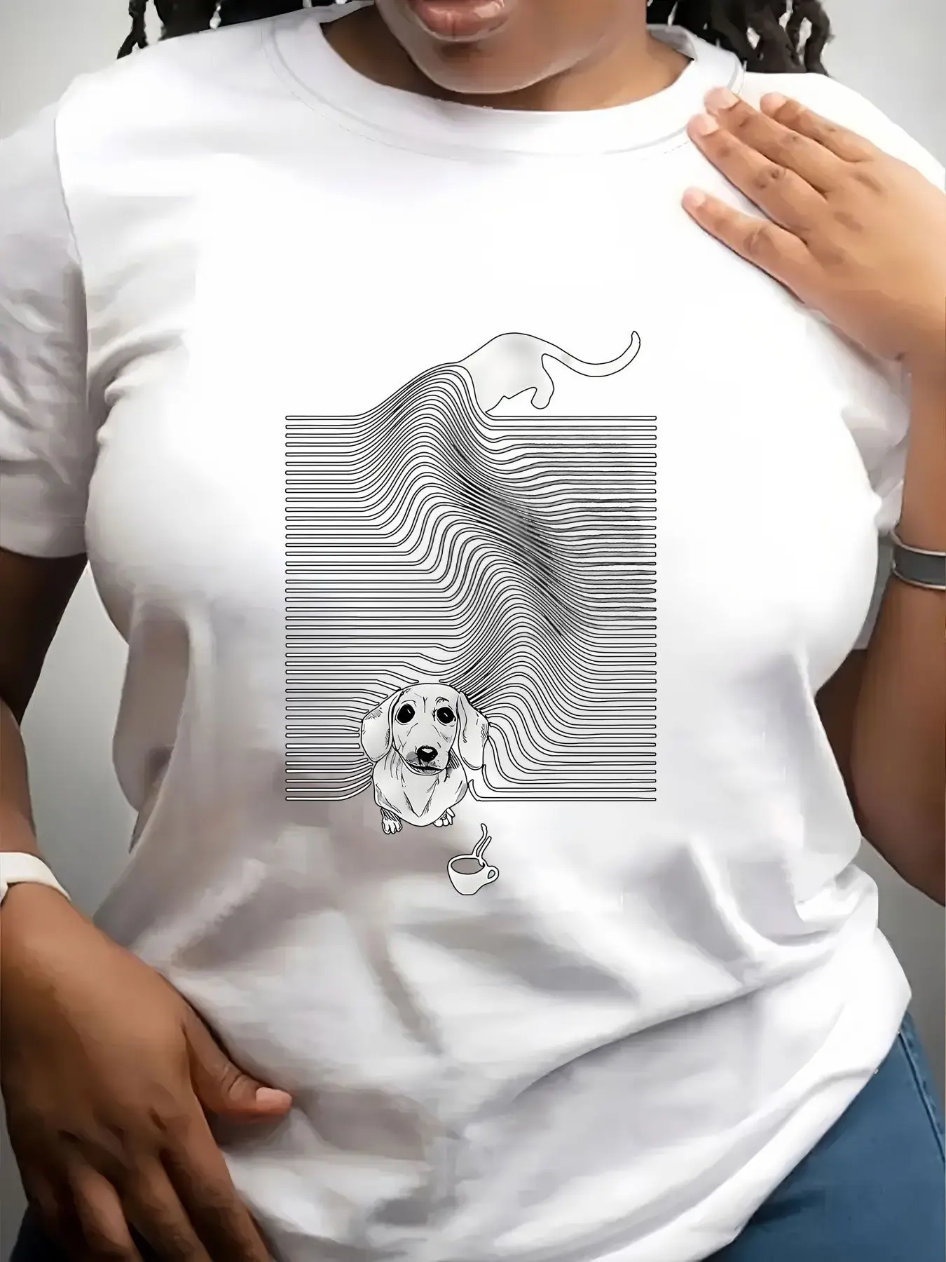 Women's Trendy Crew Neck T-Shirt Dachshund Cat Optical Illusion Art Print Suitable for Casual Sportswear