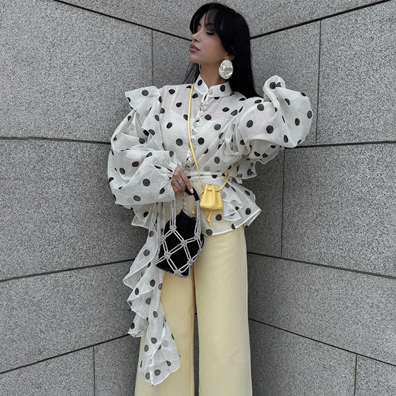 

Fmxires Ruffled Strap Polka Dot Shirt Women's Stand Collar Fashion Long Sleeve Top Loose Casual Autumn New Office Lady Blouses