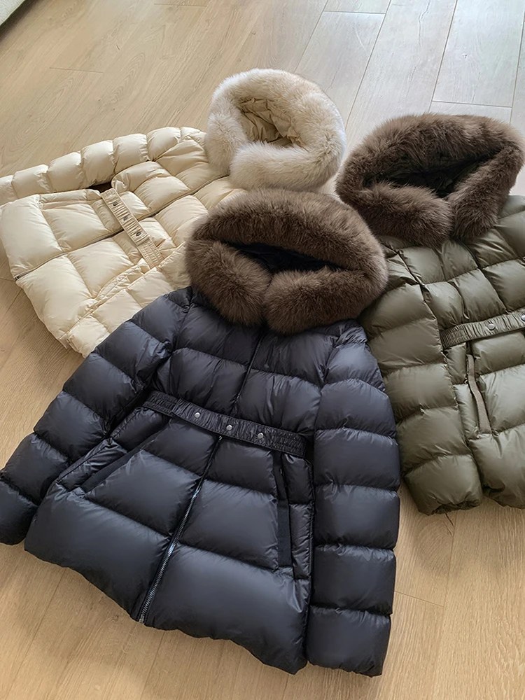 Fashion Winter Women Puffer Jacket Light Luxury Solid Color Hooded Large Fur Collar Slim White Duck Down Thermal Coats Ladies