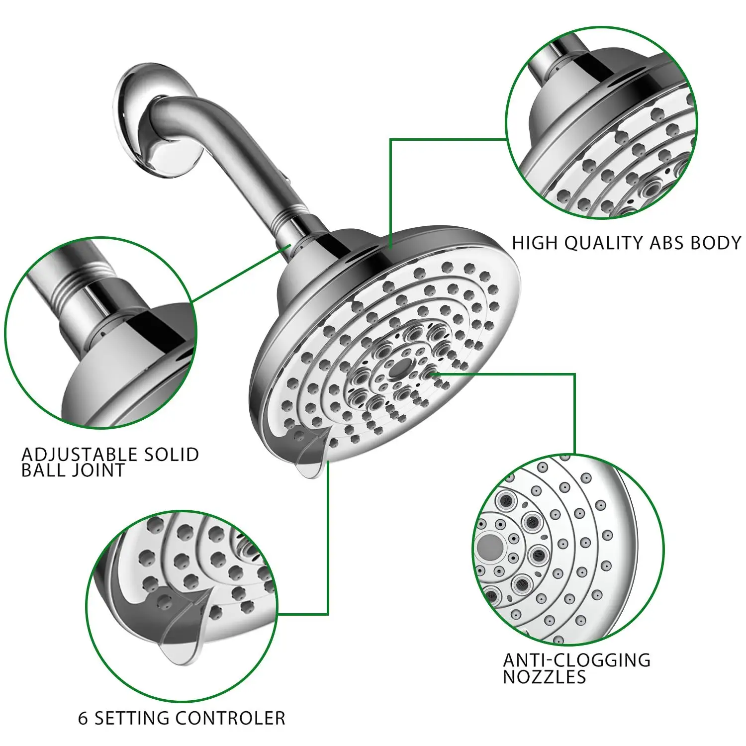 6 Spray Settings High Pressure Shower Head - Chrome Rain Shower with Adjustable Anti-Clog Nozzles, Easy Install