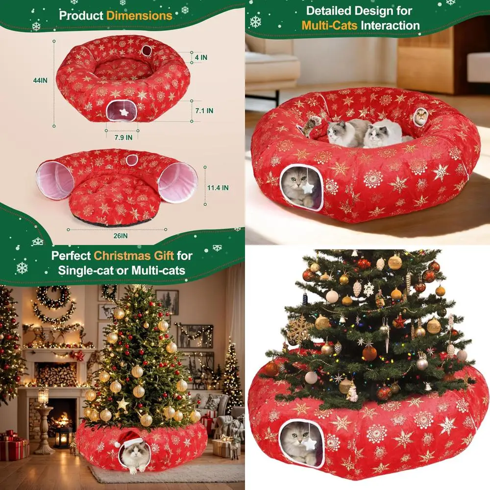 Falda de árbol de Navidad lavable extra grande con túnel suave para gatos, espacio de juego interactivo multifuncional para felinos de interior
