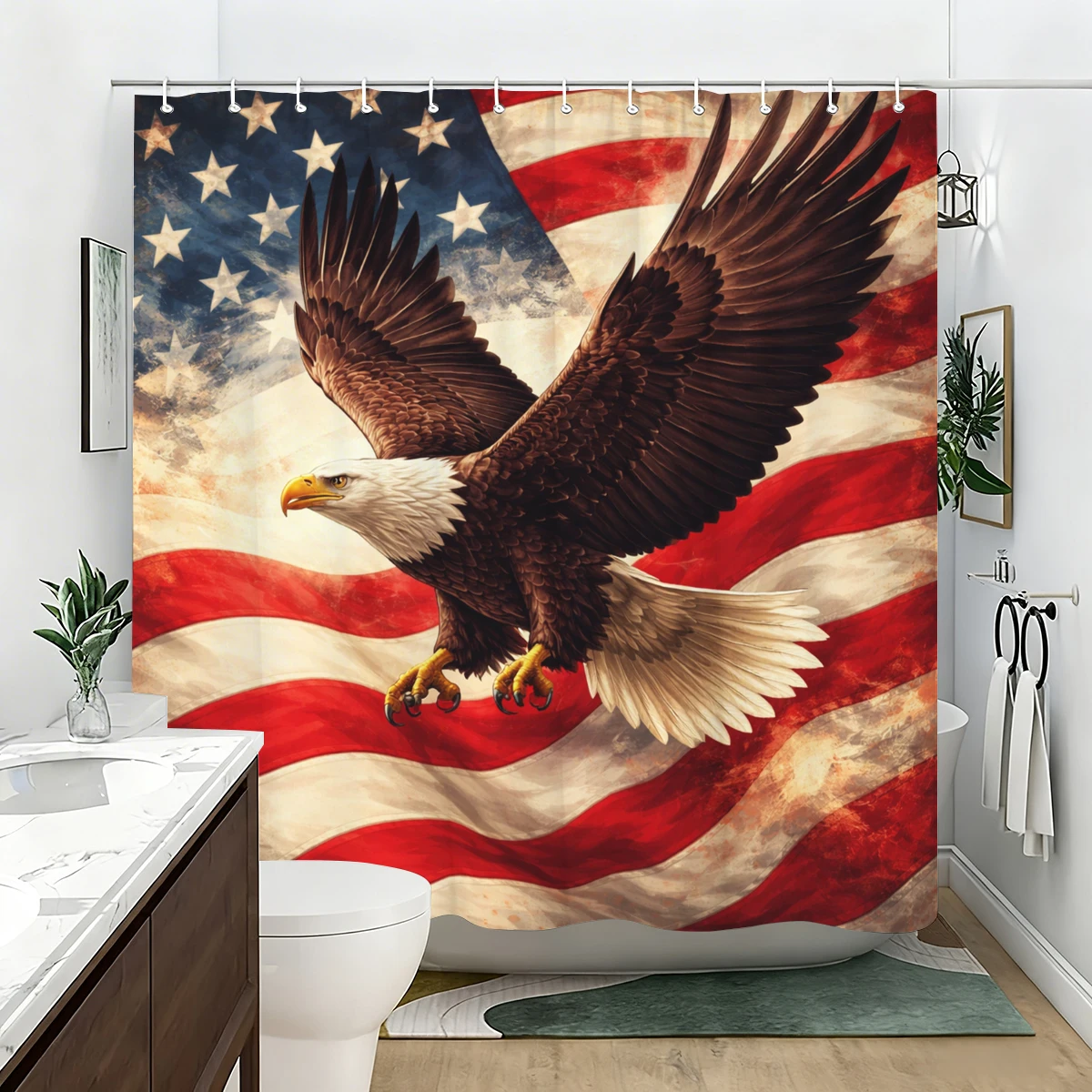 American Flag & Eagle Themed Polyester Shower Curtain - Stylized Bathroom Decor with Firework Patterns