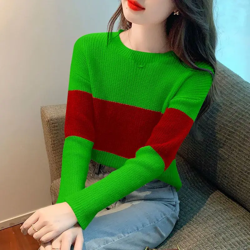 

Women's Round Neck Hollow Out Knit 2023 Autumn and Winter New Long Sleeve Striped Sweater Fashion Loose Pullover All Match Tops