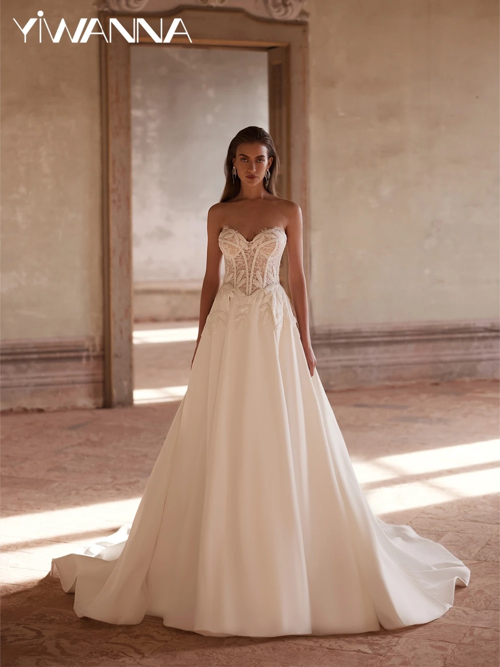 

New Ivory Beaded Satin A-line Long Wedding Dress Romantic Sweetheart Neck Bridal Gown Customized Sleeveless Dresses For Bride