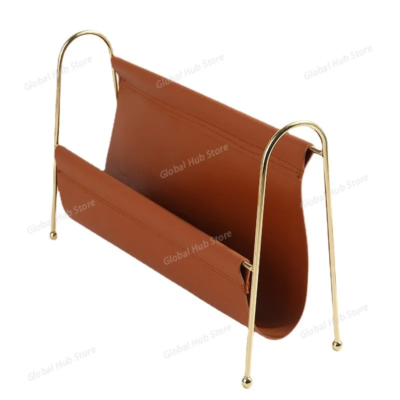 Nordic Metal Magazine Rack - Faux Leather Desk Organizer with Gold Frame, Compact Storage for Home Office/Bookshelf Decor
