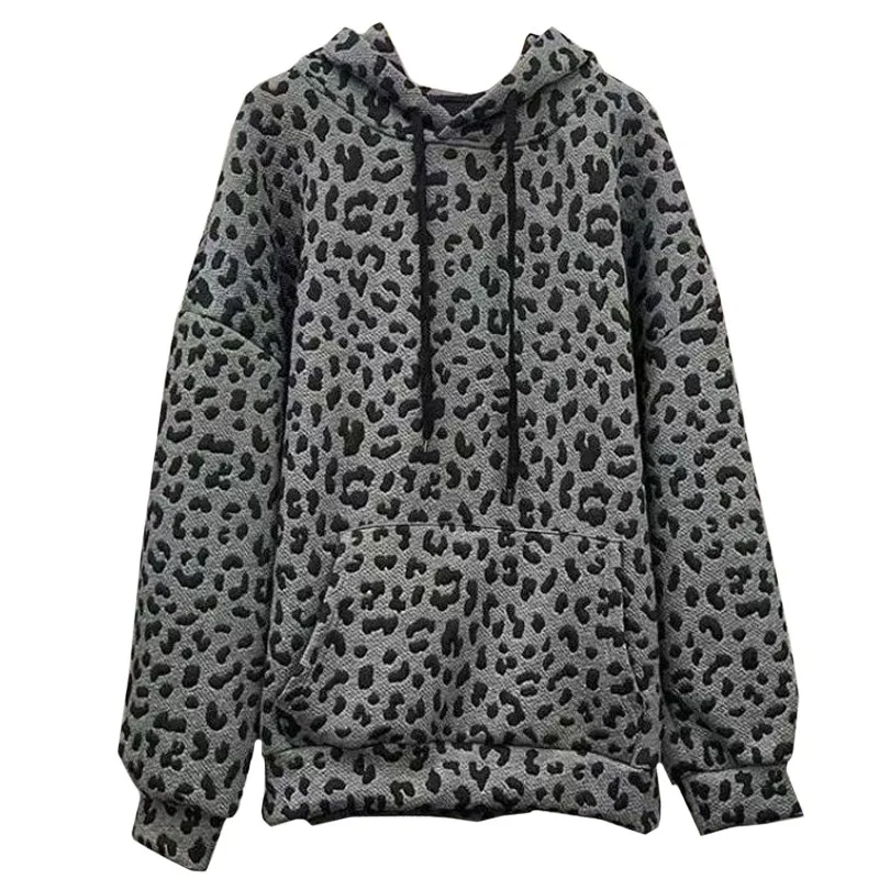 Euro-us Leopard Animal Pattern Women\'s Hoodie Street Fashion Female Thick Style Plush Sweatshirt Loose Grey Mid-length Pullover